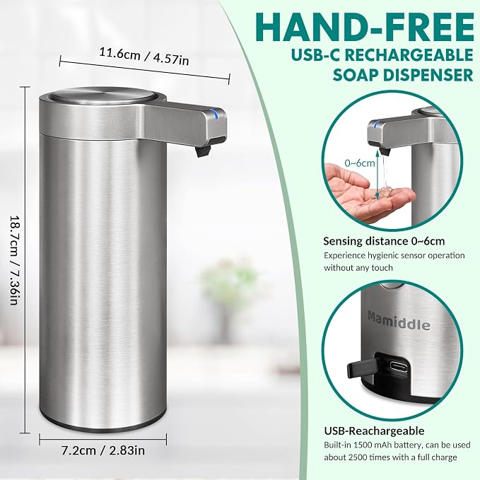 Automatic Soap Dispenser Stainless Steel with Sensor Infrared Soap Dispenser Electric IPX5 Waterproof USB-C Charging Motion Sensor for Kitchen & Bathroom (Silver - Wall Mount)