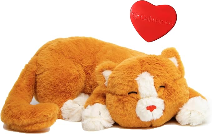 Plush Heartbeat Toy - Calming Anxiety Relief Toys for Puppies and Kittens - Heartbeat in a Soft Comforting Pet Plush for Dogs and Cats (Orange Kitty w/Heart)