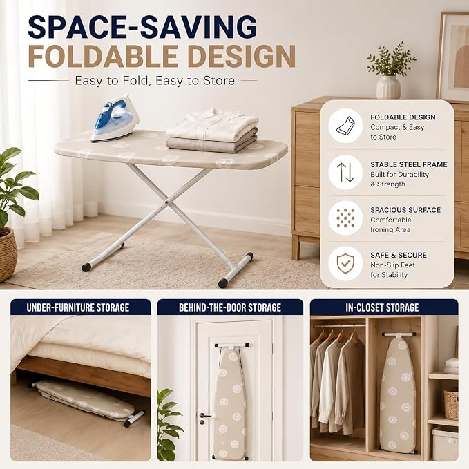 T-Leg Ironing Board with Perforated Top, Adjustable Height up to 35", Foldable Design for Compact Storage, Heavy Duty Steel Frame, Non-Slip Feet, 53" x 14" Full Size Beige