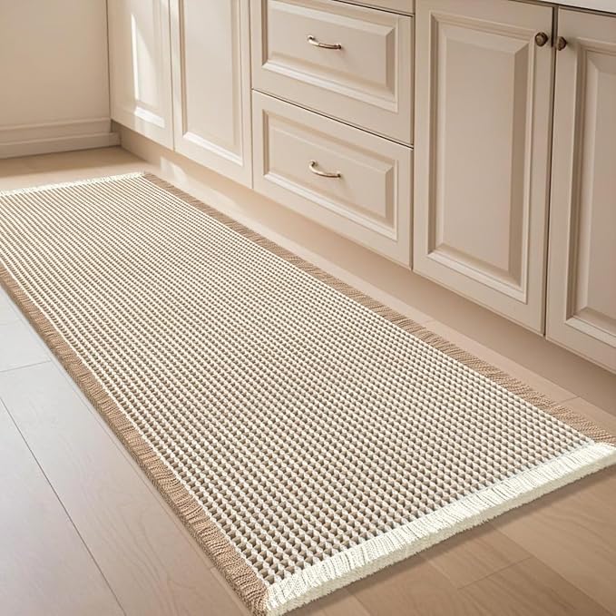 IM HOME Waffle Bath Mat Brown & Cream 4'x2', Boho Woven Modern Bath Mat Rugs, Absorbent Non Slip Bathroom Rugs, Soft Washable Bath Rugs with Tassels for Bathroom, Bedroom, Kitchen, Shower, Tub