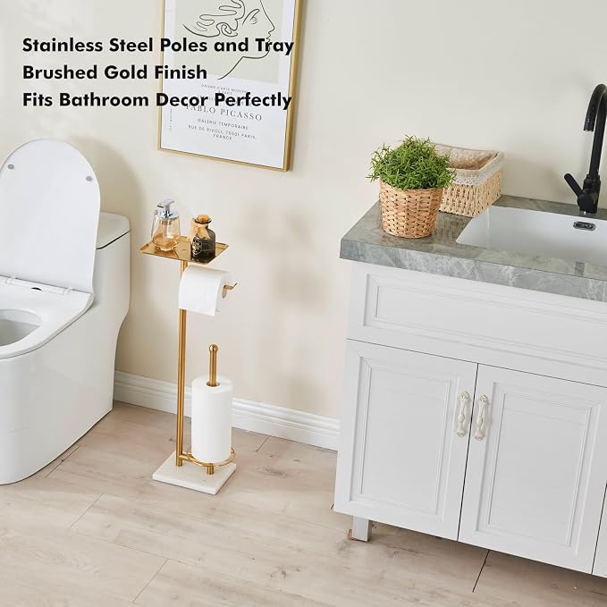 Toilet Paper Holder with Tray At the Top, Sturdy Marble Base No Wobby, Holding Extra 3 Toilet Paper Rolls As Spare Use, Freestanding No Drilling (Gold)