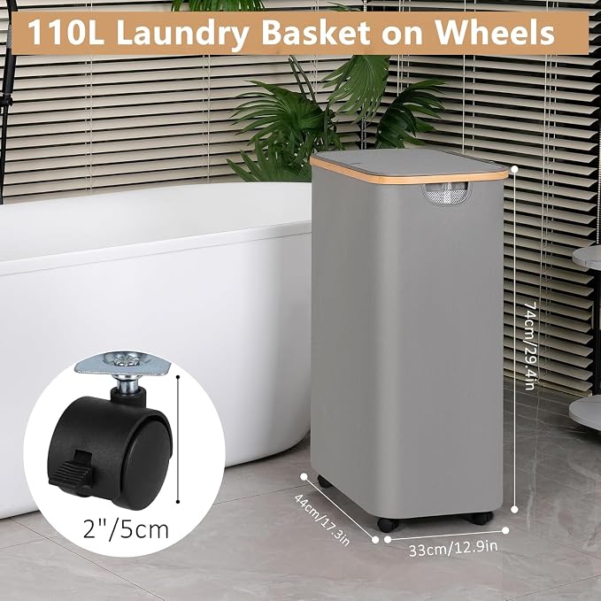 iEGrow Laundry Hamper, Narrow Laundry Basket with Lid,Foldable Clothes Hamper with Bamboo Handles,Hamper Basket with Removable Inner Bag for Laundry Room Bedroom College Dorm (Pink, 110L with Wheels)