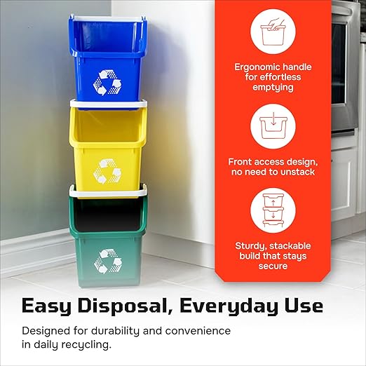 Multi Bin Recycling System with Three Stackable 6 Gallon Recycle Bins for Kitchen Use – Recycling Trash Can Set for Office, Garage, Businesses (3 Pack, Blue/Yellow/Red)