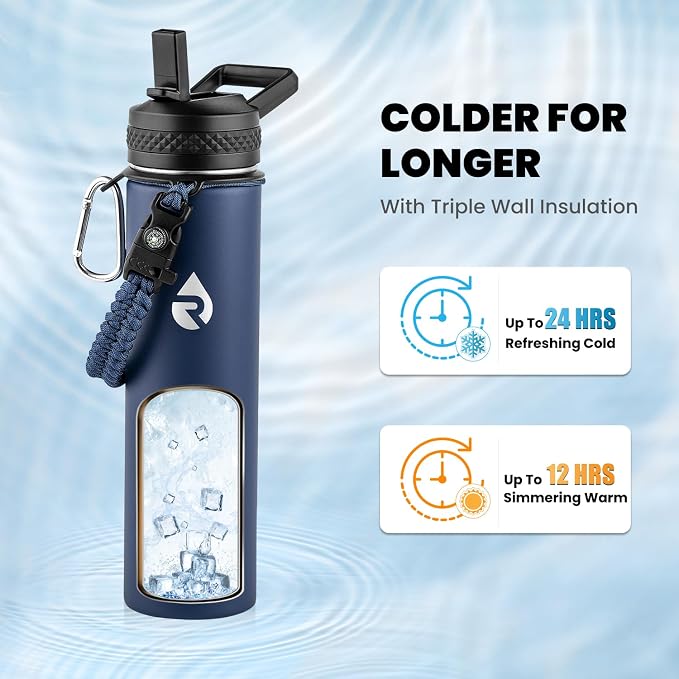 RAYMYLO Insulated Water Bottle 24 oz, Triple Wall Vacuum Stainless Steel (Cold for 24Hrs, Hot for 12Hrs), Leak Proof & Non-BPA, Modern Water Flask Jug with Paracord Handle & Straw Spout Lids
