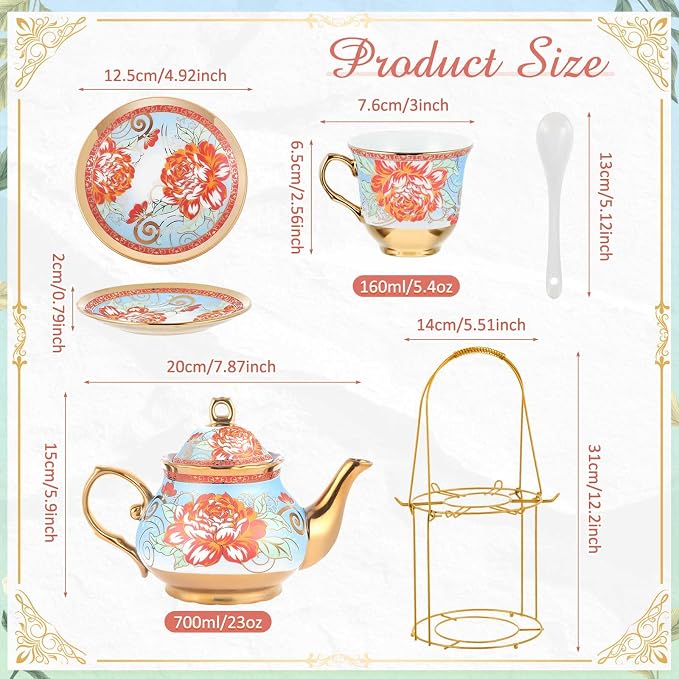 Zhehao 20 Pcs Porcelain Tea Set with Metal Holder and Spoon Adult Ceramic Tea Set European Flower Painting Teapot Cup Saucer Spoon for Women Mom Gift, Large Version (Retro Style)