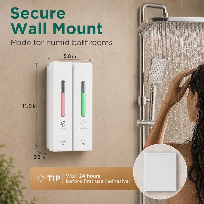 Shampoo and Conditioner Dispenser Wall Mounted, 3-Chamber Shower Soap Dispenser for Bathroom, 1200ML Large Capacity, No-Drill Installation, Clog-Free Pump for Thick Liquids (white-2-pack)