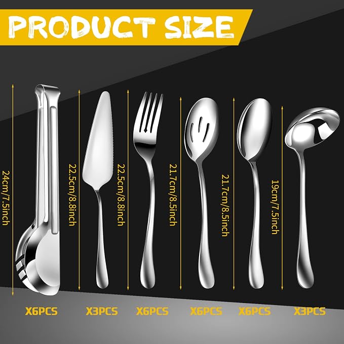 Thenshop 30 Pcs Serving Utensils Set Stainless Steel Flatware Serving Set Include Large Spoons Slotted Spoons Forks Soup Ladle Pie Server and Tongs for Buffet Catering Party Restaurant(Silver)