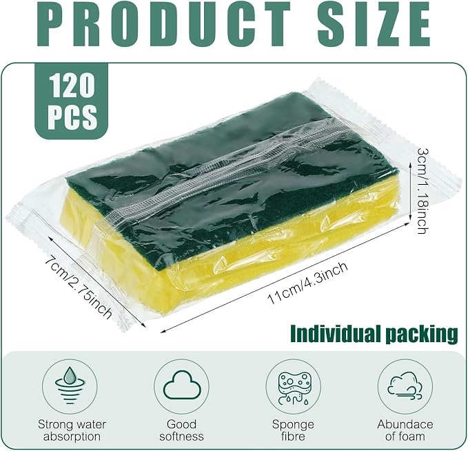 Tanlade 120 Pcs Individually Wrapped Sponge Dishwashing Sponge Bulk Non Scratch Scrub Sponges Kitchen Scouring Pad for Household Cleaning Rental Dishes Hotel Apartment Car (Yellow,Green)