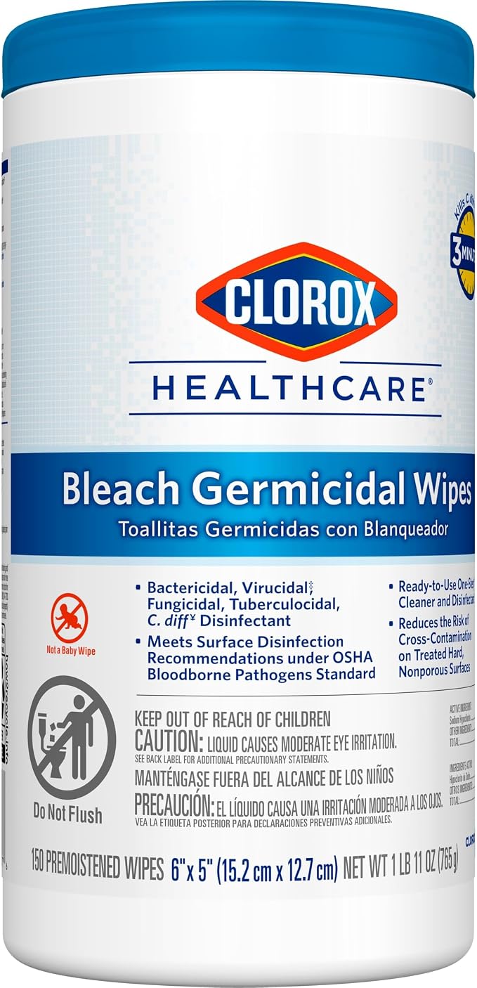 Clorox Healthcare Bleach Germicidal Wipes, 6" x 5", 150 Count Canister, Pack of 6 (Package May Vary)