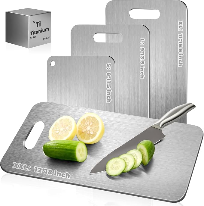 Katori Titanium Cutting Board - Upgraded 100% Pure Titanium Cutting Boards for Kitchen Non Toxic, Double Sided Food Grade Hygiene Non Moldy Dishwasher Safe Meat Fruit Metal Board (2PC 11 * 15.5 Inch)