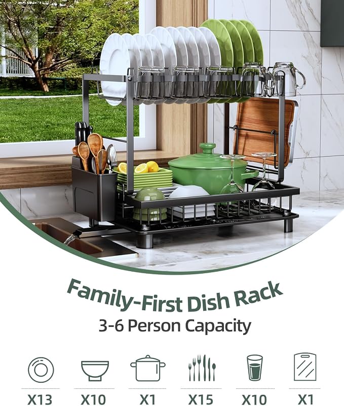 Dish Drying Rack, 2 Tier Space-Saving Dish Rack, Multifunctional Dish Drainer for Kitchen Counter with Drainboard/Utensil/Cup Holder Rustproof Carbon Steel, Black