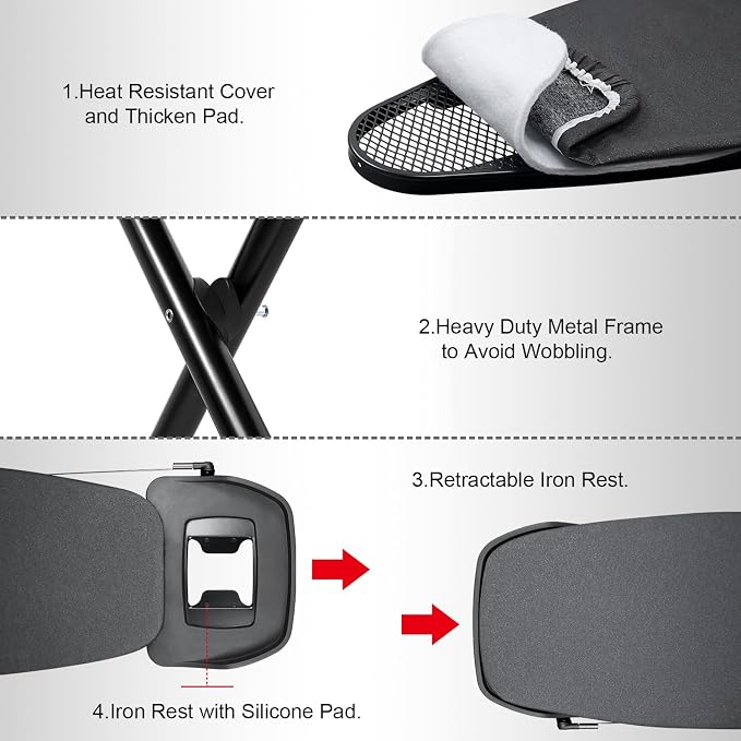 Duwee 18" ×48" Ironing Board with Retractable Iron Rest,Wide Ironing Board | Extra Wide Ironing Board, Heat Resistant Cover with Thicken Padding,Adjustable Height,Heavy Sturdy Legs with Wheels,Black