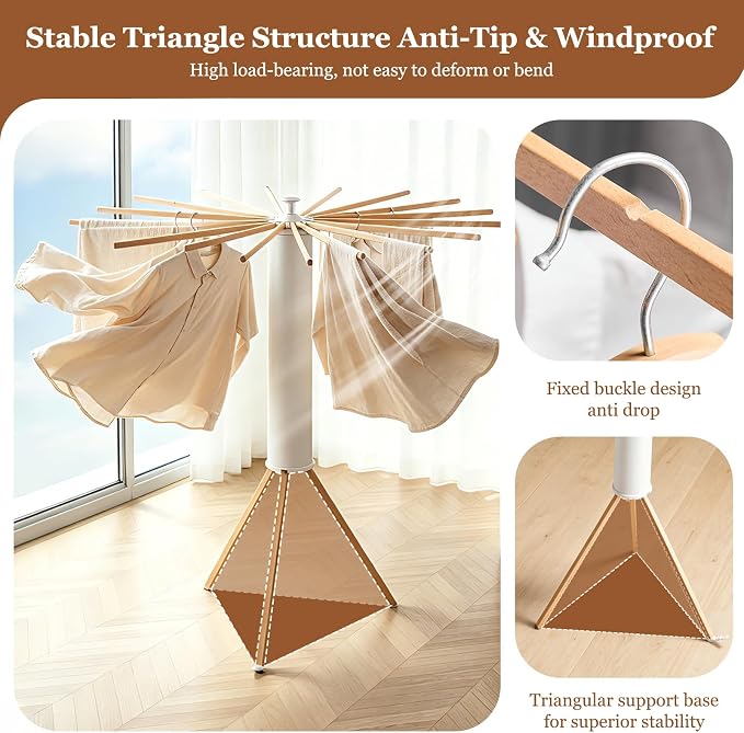 Clothes Drying Rack Wooden Tripod, Floor‑Mounted Garment Rack, Portable Foldable Space‑Saving Laundry Dryer with 16 Drying Poles, Ideal for Small Apartments, Balconies and Bedrooms
