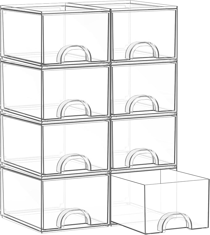 8 Pack Small Clear Stackable Acrylic Storage Boxes for Art Tool & Sketch, Storage Drawers, Storage Organizer, Clear Plastic Makeup Organizer, Ideal for Vanity, Cabinet, Desk Organization
