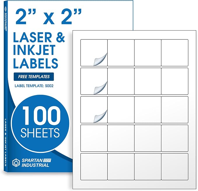 2" X 2" Matte White Printable Labels (100 Sheets, 2000 Stickers) Custom Labels, Logo Stickers, QR Codes for Laser & Inkjet Printers - Spartan Industrial Template S002