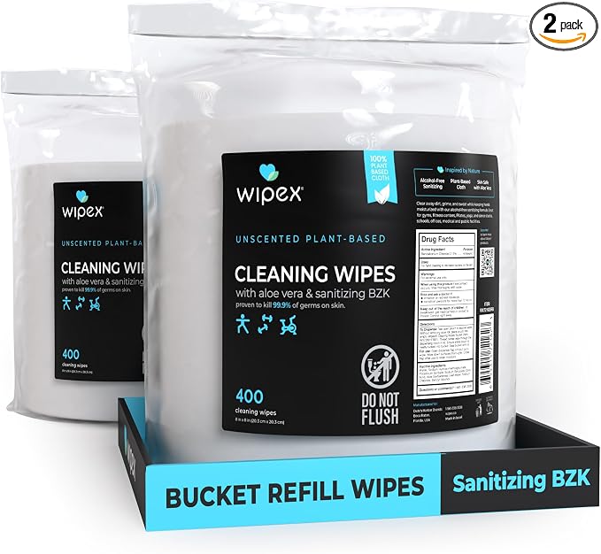 Wipex Fitness Sanitizing Wipes, 400ct Refill Rolls for Dispensers, Safe Sanitizing BZK and Aloe Vera, Unscented, Fits all Commercial Dispensers, (Refills Only - Antibacterial, 400 Count (Pack of 2)