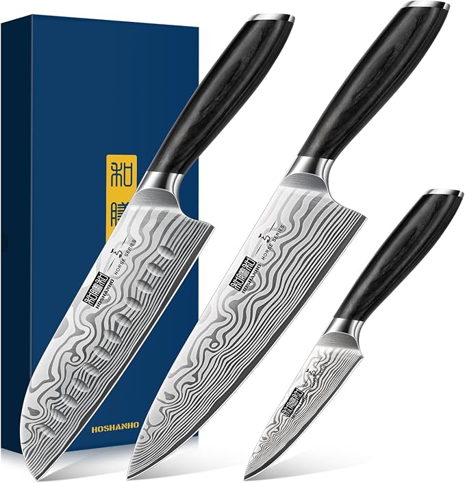 HOSHANHO 3 Pcs Knife Set, Professional Kitchen Knife Set, Pakkawood Handle | Ultra Sharp Chef Knives Set for Kitchen High Carbon Powder Steel, Japanese Cooking Knife Set with Elegant Gift Box
