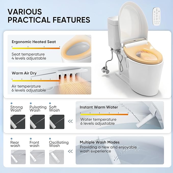 LEIVI Electric Bidet Toilet Seat with Wireless Remote and Side Panel, Multiple Spray Modes, Adjustable Heated Seat, Warm Water and Air Dryer, Auto LED Nightlight, Elongated