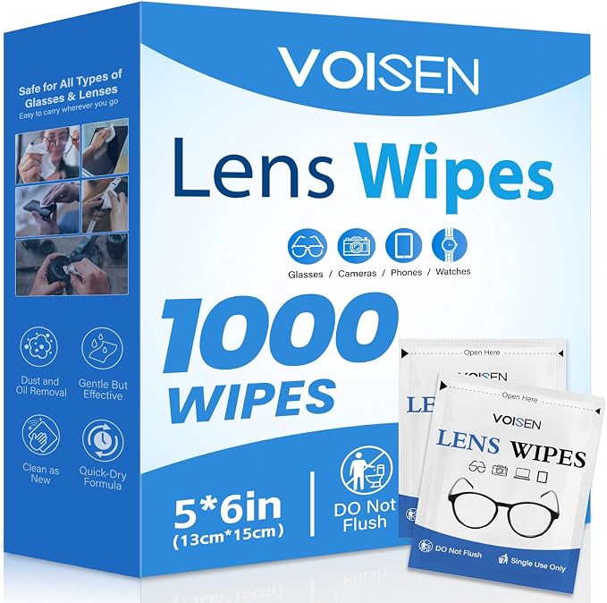 VOISEN Lens Wipes for Eyeglasses,1000 Pack Eye Glasses Cleaner Wipes,Pre-Moistened Individually Wrapped Lens Wipes,Non-Scratching Non-Streaking,Safe for Eyeglasses, Goggles, Camera Lens, Phone
