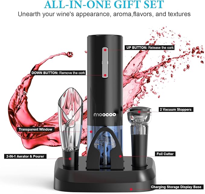 Moocoo Electric Wine Opener with Charging Base, Cordless Electric Wine Bottle Opener with 2-in-1 Aerator &Pourer, Foil Cutter, 2 Vacuum Preservation Stoppers, Display Charging Station for Easy Storage