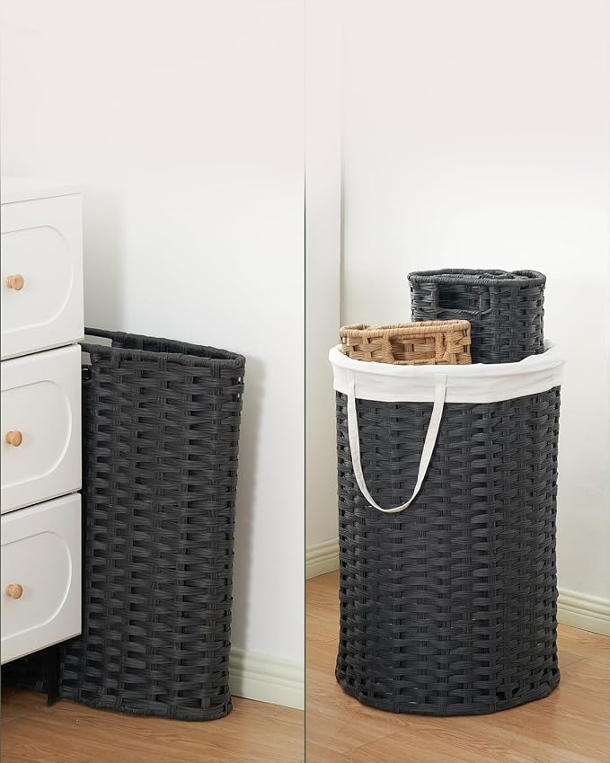 SETVSON 34.3 Gal (130 L) Large Laundry Hamper Laundry Basket Round Handwoven Wicker Laundry Baskets Rattan Laundry Basket with Removable Bag Handles 2 Mesh Bags for Living Room Bedroom Black (No Lid)