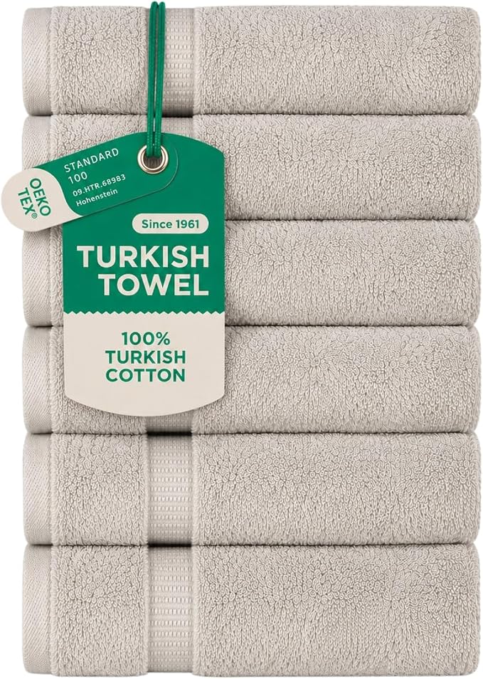SALBAKOS 6-Piece 100% Turkish Cotton Hand Towels, 16x30 inch, Stone | Large Size Thick Super Soft Highly Absorbent, Versatile Hair Face & Hand Drying Towel, Premium Hotel Quality Made in Turkey
