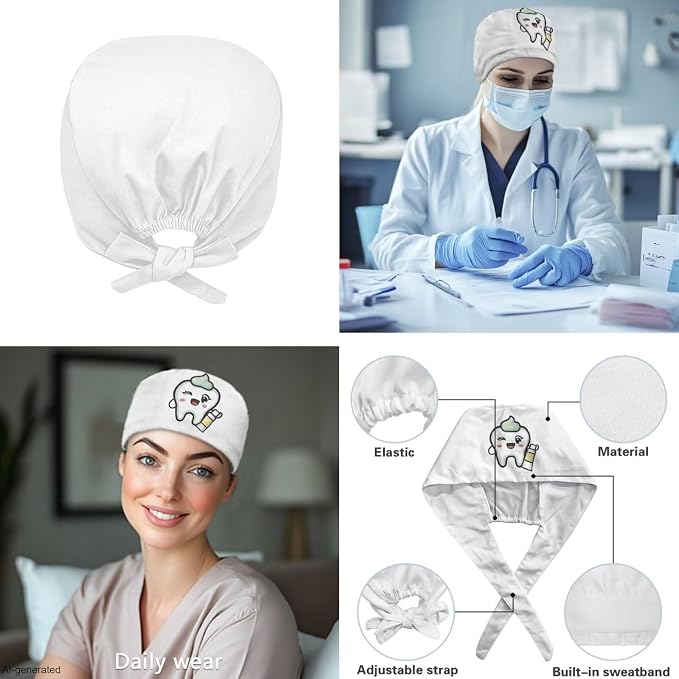 Gomyblomy Women's Scrubs Suit 3-Piece Set | Teeth Print V-Neck Top & Pants & Cap, Breathable and Stretch Fabric, S-5XL
