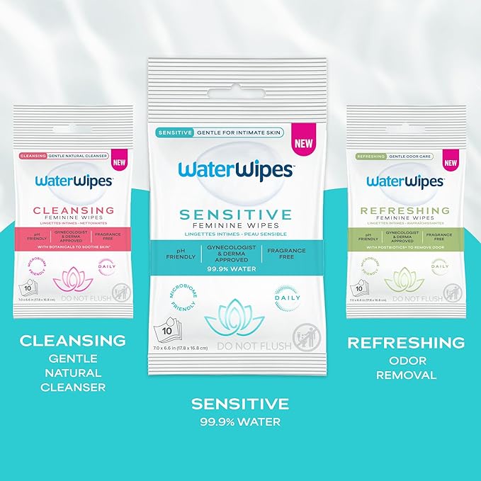 WaterWipes Sensitive Feminine Wipes, 99.9% Purified Water, pH Friendly for Daily Intimate Care, Gynecologist Approved, Fragrance Free, 50 Count (5 Packs)