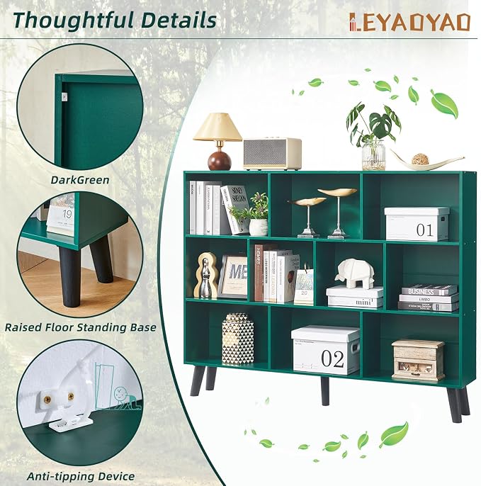 LEYAOYAO 10 Cube Bookshelf,Mid-Century Modern Bookcase with Legs,Dark Green | 3 Tier Book Shelf, 55" Wide Rustic Wood Bookshelves Large Storage Organizer, Open Shelves for Bedroom, Living Room, Office