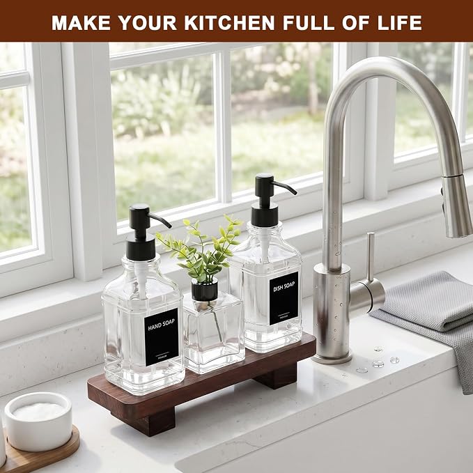 Kitchen Soap Dispenser Set with Wood Tray, Clear Glass Soap Dispenser with Pump, Decorative Hand and Dish Soap Dispenser Set, Soap and Lotion Dispenser Upgrade for Kitchen and Bathroom Decor