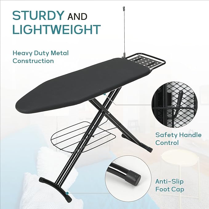 Ironing Board 48x15 in, RAINHOL Large Heavy Duty Ironing Boards Full Size with Pad and Cover, Height Adjustable Iron Stand with Storage Tray and Iron Rest, Black