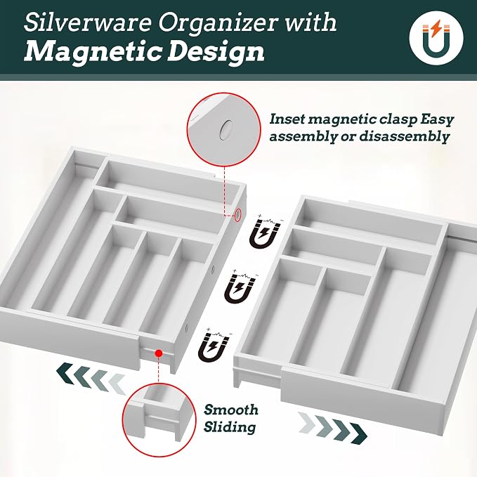 Silverware Organizer Large, Magnetic Connected Expandable 13 Slots Silverware Drawer Organizer from 21 to 37.4 Inches, Adjustable Flatware and Cutlery Holder, Bamboo Utensil Tray for Kitchen White