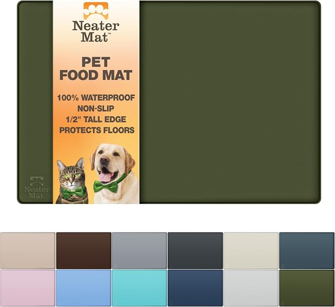 Neater Pet Brands Neater Mat Pet Mats for Food and Water, Cat & Dog Bowl Mat Waterproof Silicone, Feeding Tray, Dog Food Mats for Floors, Placemat w/Raised Edge for Under Bowls, 24" x 16", Olive