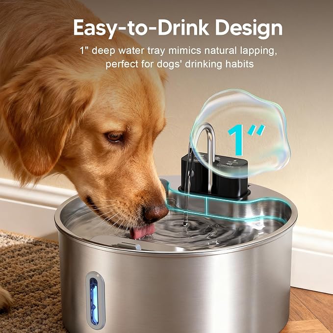 Voluas 7L Wireless Dog Water Fountain with 6 Filters, Stainless Steel | 236oz capacity, 4-layer filtration, ultra-quiet pump, water level window, easy clean for large dogs