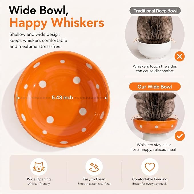Orange Mushroom Cat Bowl, Elevated Ceramic Bowl for Cats | Elevated, Ceramic, Whisker Friendly, Anti Vomitin,Cute Mushroom Design