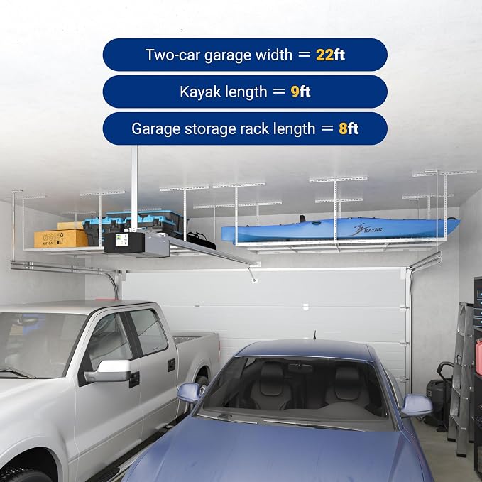 FLEXIMOUNTS 4x8 Overhead Garage Ceiling Storage Rack Organization, White | 750lbs Weight Capacity, 22"-40" Adjustable Organization System, Heavy-Duty Metal Ceiling Racks, Classic Series