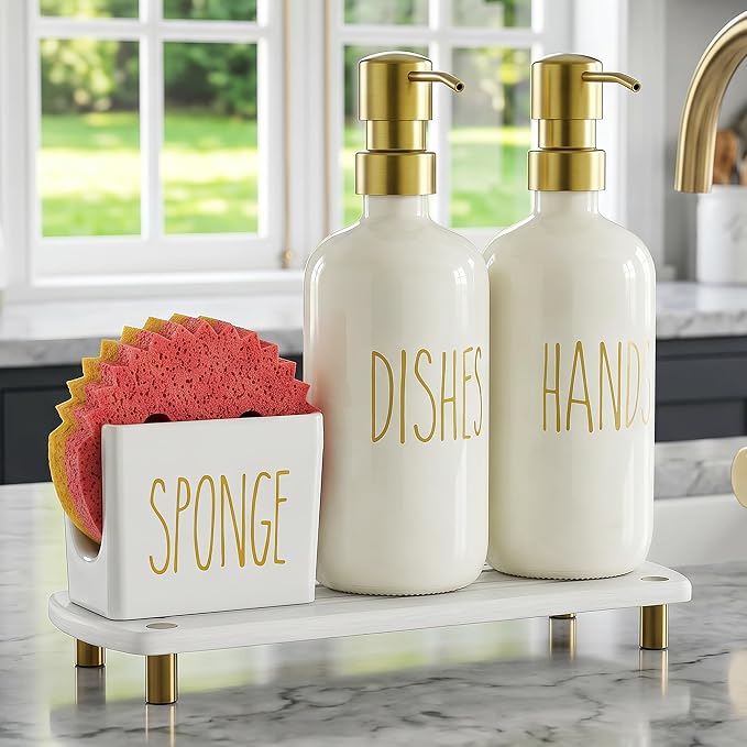 Cisily Kitchen Soap Dispenser Set Comes with Ceramics Sponge Holder, Gold Pumps, and Instant Dry Tray, Hand and Dish Soap Dispenser Set (4, Gold + Off White + Sponge Holder)