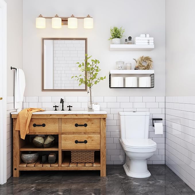 QEEIG Bathroom Shelves Over Toilet - Wall Mounted Floating Shelves Toilet Paper Storage Small Farmhouse Decor Shelf 16 inch Set of 2, White and Black (019-WB2)