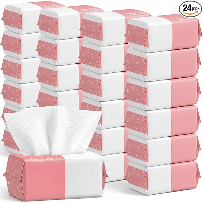 Riakrum Disposable Face Towels Bulk 24 Pack/2400 Ct Makeup Remover Wipes | Plant Fiber Facial Towelettes for Washing Face, 5.9 x 7.9 in, Lint Free Ultra Soft Washcloths, Sensitive Skin, Spa, Travel