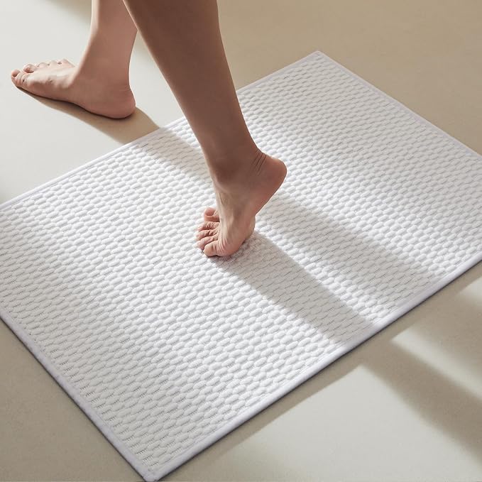 TYUU Bathroom Rugs Non Slip Washable, Super Absorbent Thin Bath Mat Quick Dry Low Pile Bathroom Rug, White 24"x36"
