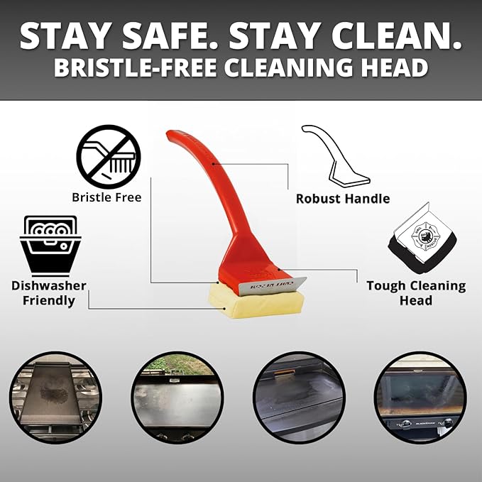 Grill Rescue Griddle Brush –Bristle-Free, Heavy-Duty Griddle Cleaner for Flat Tops & BBQ Griddles | Heat Resistant, Safe for Nonstick Surfaces, Cast Iron & Stainless Steel (Griddle brush with scraper)
