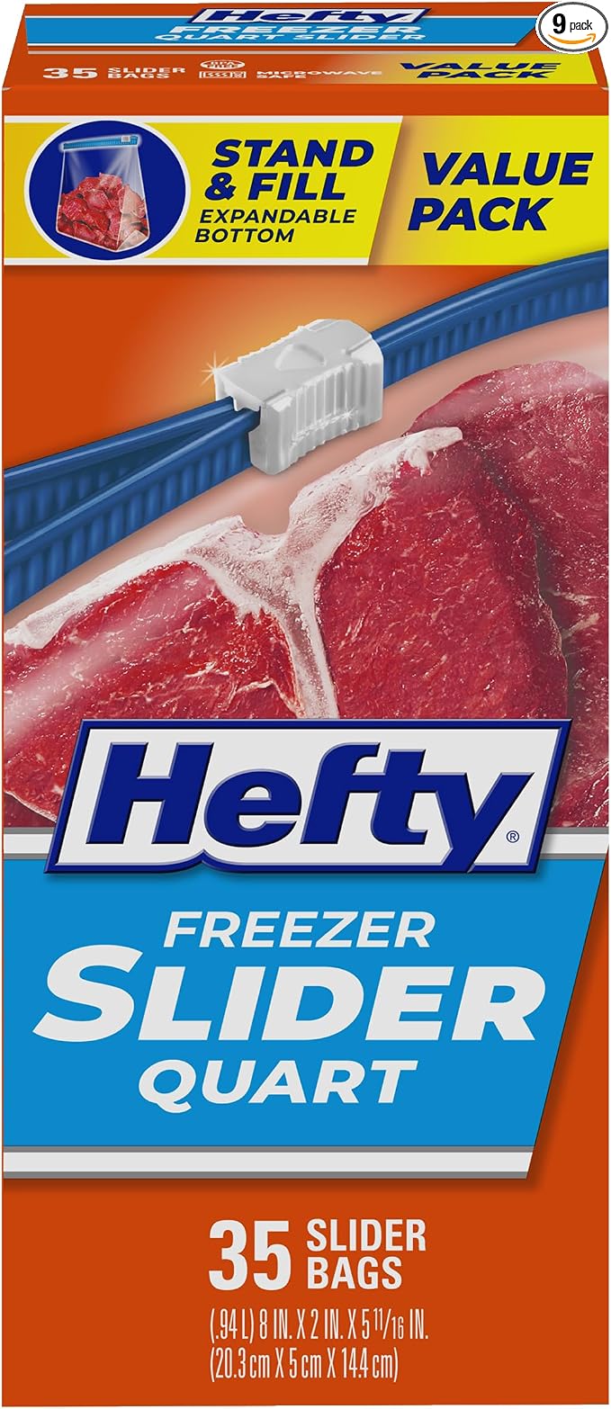 Hefty Slider Freezer Bags, Quart Size, 35 Count (Pack of 9), 315 Total | Bulk Pack, Quart Freezer Bags, Freeze Leftovers, Meat, Fruit, Veggies, Desserts, Secure Slider Closure