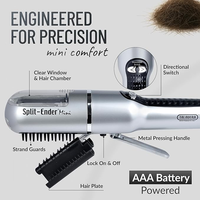 Split-Ender Mini – Original Cordless Split End Hair Trimmer for Dry, Damaged, Brittle, Frizzy, Curly or Straight Hair 3 AAA Battery Operated Hair Clipper for Home Use – Silver