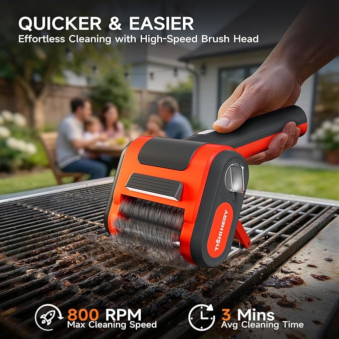 Electric Grill Brush for Outdoor Grill, 800 RPM Brush Head, 3000mAh Battery, No Preheating Grill, 304 Stainless Steel Bristle, Rechargeable Cordless BBQ Grill Cleaner with LED Light, Gift for Men/Dad