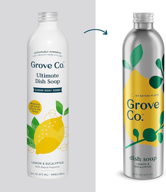 Grove Co. Dish Soap, 3 x 16 fl oz Refills + Refillable Glass Dispenser | Lemon & Eucalyptus; Plastic-Free; Reusable dispenser; Refill format; Removes Stuck on Food; 98% plant-based ingredients