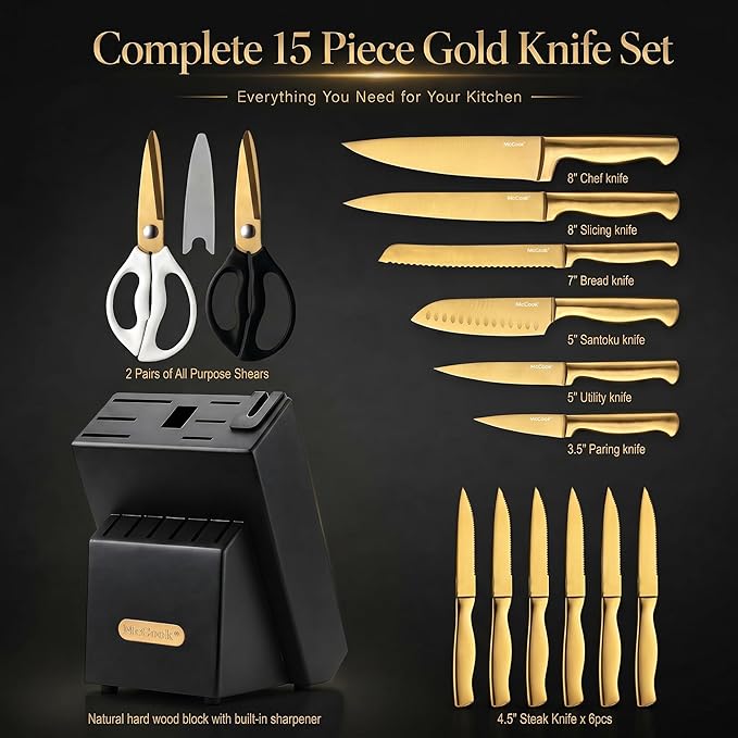 McCook® Knife Sets, Golden Titanium Stainless Steel Kitchen Knife Block Sets with Built-in Sharpener, 15 Piece Knives, Restaurant Grade Sharp, Elegant Gold & Stylish Wooden Block for Modern Culinary | German Forged Stainless Steel,15 PC,Razor Sharp,Ant...
