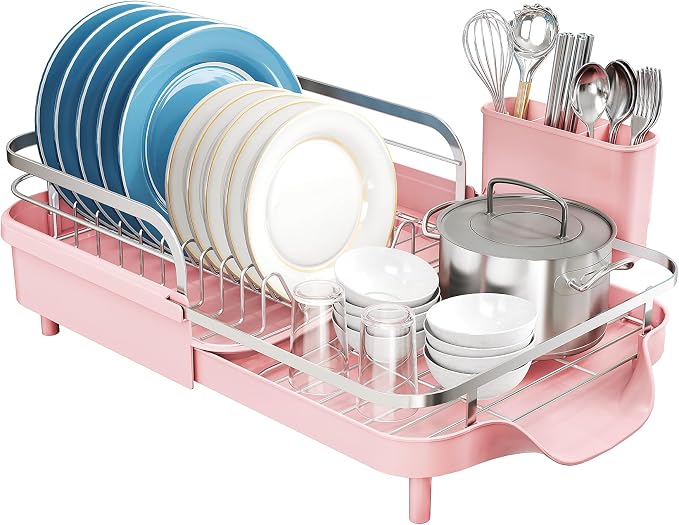 SNTD Dish Drying Rack, Expandable Dish Rack for Kitchen Counter, Stainless Steel Dish Drainer with Drainboard Set and Utensil Holder (Pink)
