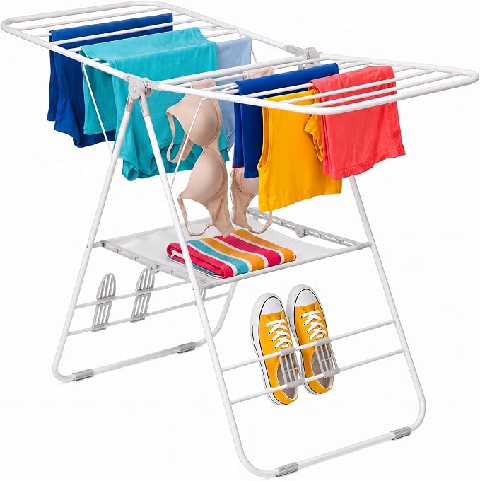Honey-Can-Do Heavy-Duty Gullwing Clothes Drying Rack, 50 lb, White | Gullwing rack adds 46 ft of drying space with dedicated shoe bars. Sturdy metal, 50 lb capacity, folds flat.