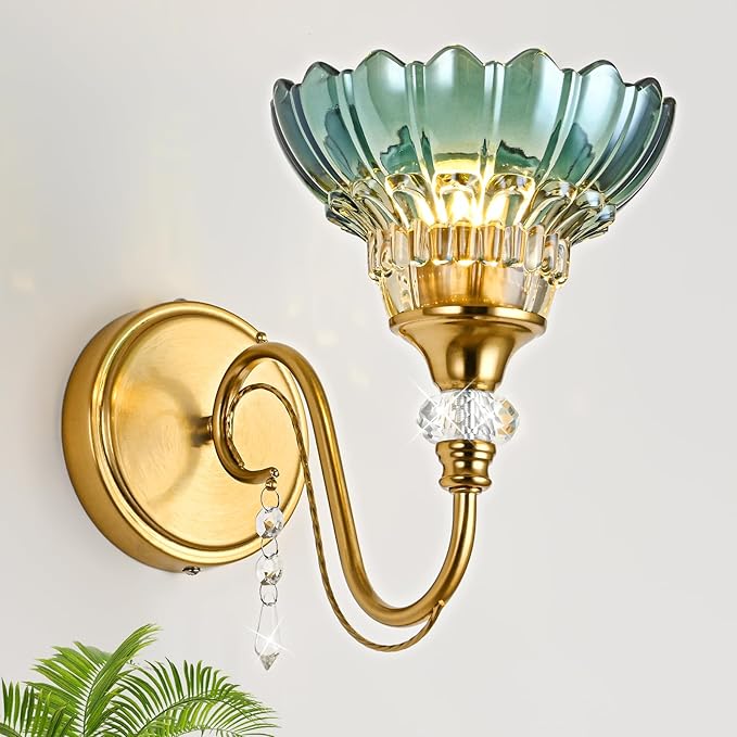 1 Piece Vintage Wall Sconce, 1-Light Brushed Gold Finish Wall Sconce with Hanging Crystal Accents and Flower-Shaped Teal Shades for Bathroom Bedroom Living Room,Vintage Vanity Light
