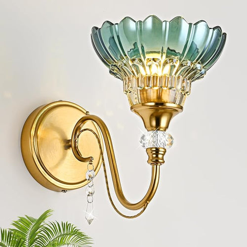 1 Piece Vintage Wall Sconce, 1-Light Brushed Gold Finish Wall Sconce with Hanging Crystal Accents and Flower-Shaped Teal Shades for Bathroom Bedroom Living Room,Vintage Vanity Light